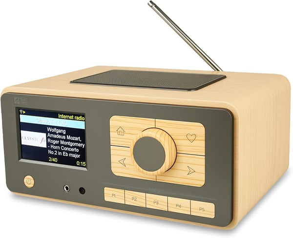 Bhagwati Ocean Digital Internet Radio with FM, Bluetooth and podcast capabilities, showing a sleek black device with digital display