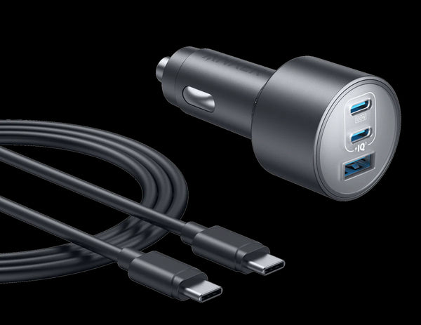Bhagwati Anker 167W Max 3-Port USB-C fast car charger plugged into a vehicle's cigarette lighter socket.