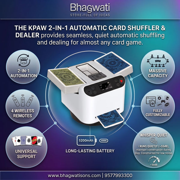 Bhagwati KPAW 2-in-1 automatic card shuffler and dealer device with sleek design for easy card handling and gaming.
