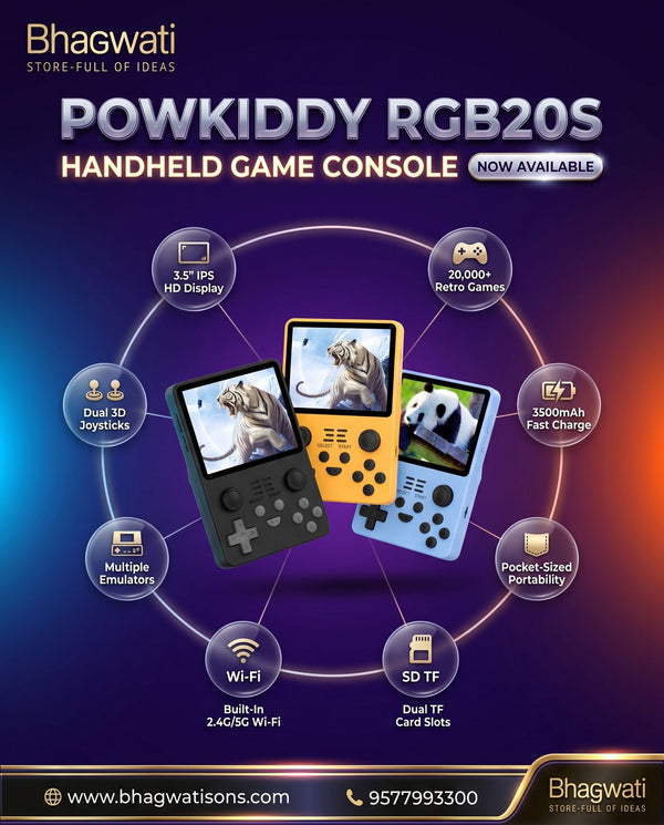 Bhagwati PowKiddy RGB20S handheld retro game console with colorful screen and control buttons for classic gaming.