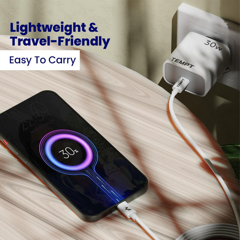 Bhagwati Tempt Bolt 30W PD+PPS fast charger with USB-C port and compact design for quick device charging.