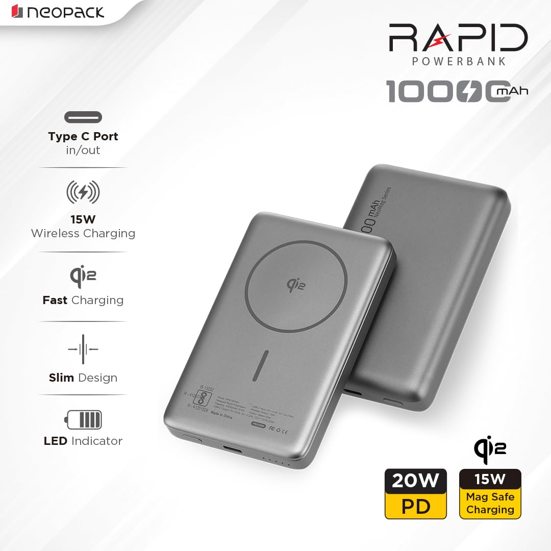 NEOPACK RAPID MAGSAFE POWER BANK 10000 MAH QI2 FAST CHARGING PORTABLE CHARGER SUPPORT WIRELESS CHARGEING (Grey)