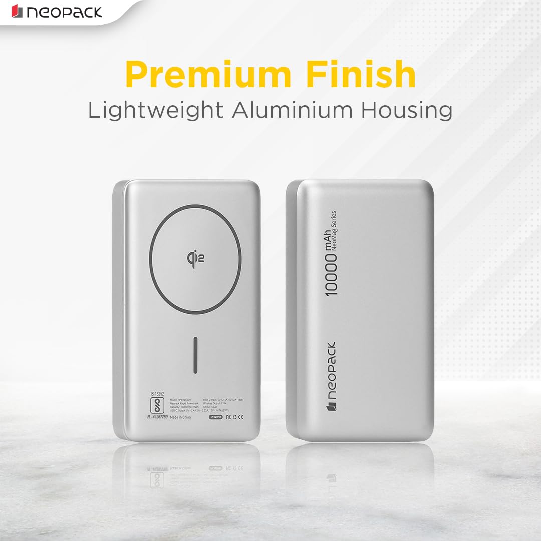 NEOPACK RAPID MAGSAFE POWER BANK 10000 MAH QI2 FAST CHARGING PORTABLE CHARGER SUPPORT WIRELESS CHARGEING (Silver)
