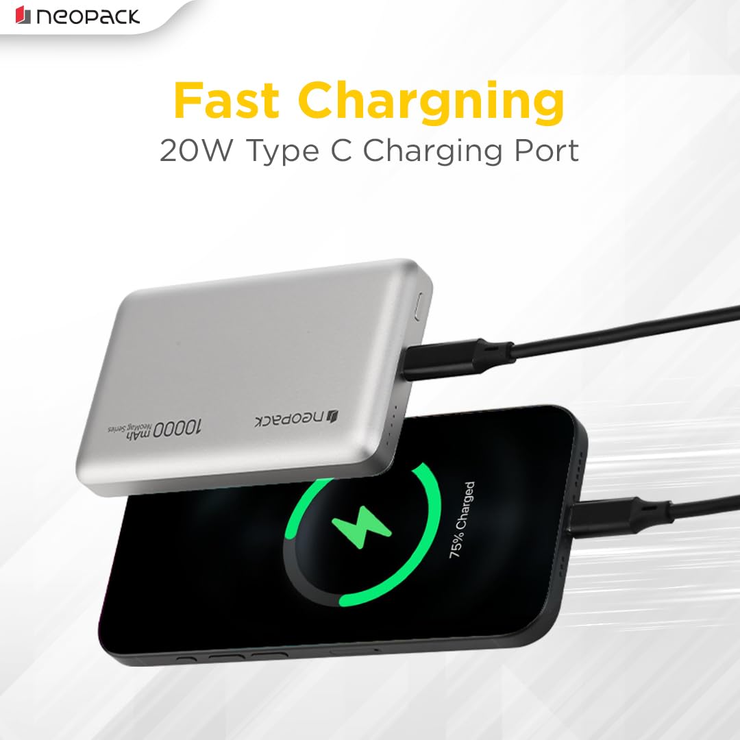 NEOPACK RAPID MAGSAFE POWER BANK 10000 MAH QI2 FAST CHARGING PORTABLE CHARGER SUPPORT WIRELESS CHARGEING (Silver)
