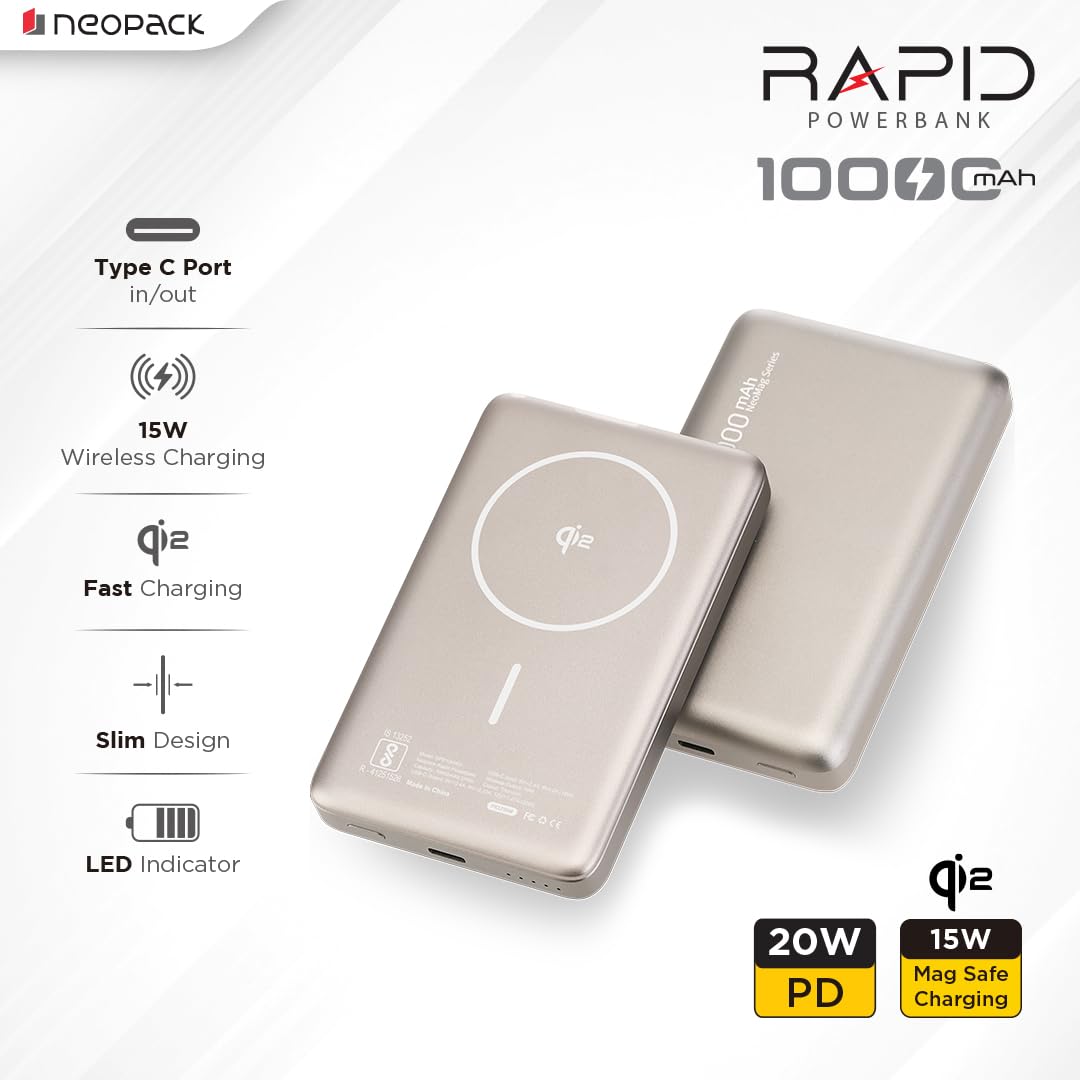 NEOPACK RAPID MAGSAFE POWER BANK 10000 MAH QI2 FAST CHARGING PORTABLE CHARGER SUPPORT WIRELESS CHARGEING (Titanium)