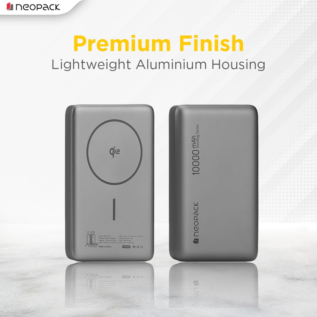 NEOPACK RAPID MAGSAFE POWER BANK 10000 MAH QI2 FAST CHARGING PORTABLE CHARGER SUPPORT WIRELESS CHARGEING (Grey)