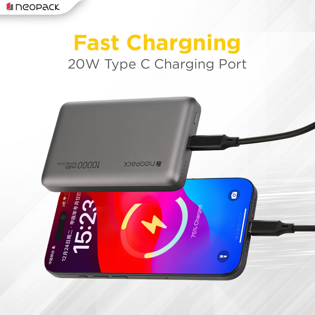 NEOPACK RAPID MAGSAFE POWER BANK 10000 MAH QI2 FAST CHARGING PORTABLE CHARGER SUPPORT WIRELESS CHARGEING (Grey)