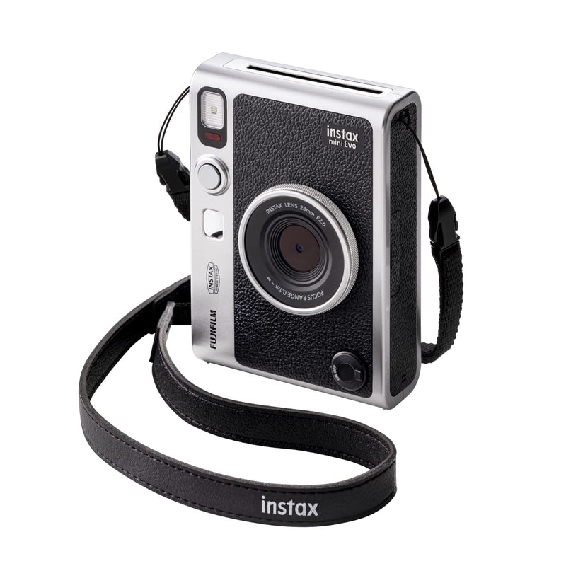 Fujifilm Instax Mini Evo instant camera in black with a compact design and lens, ready for instant photo printing.