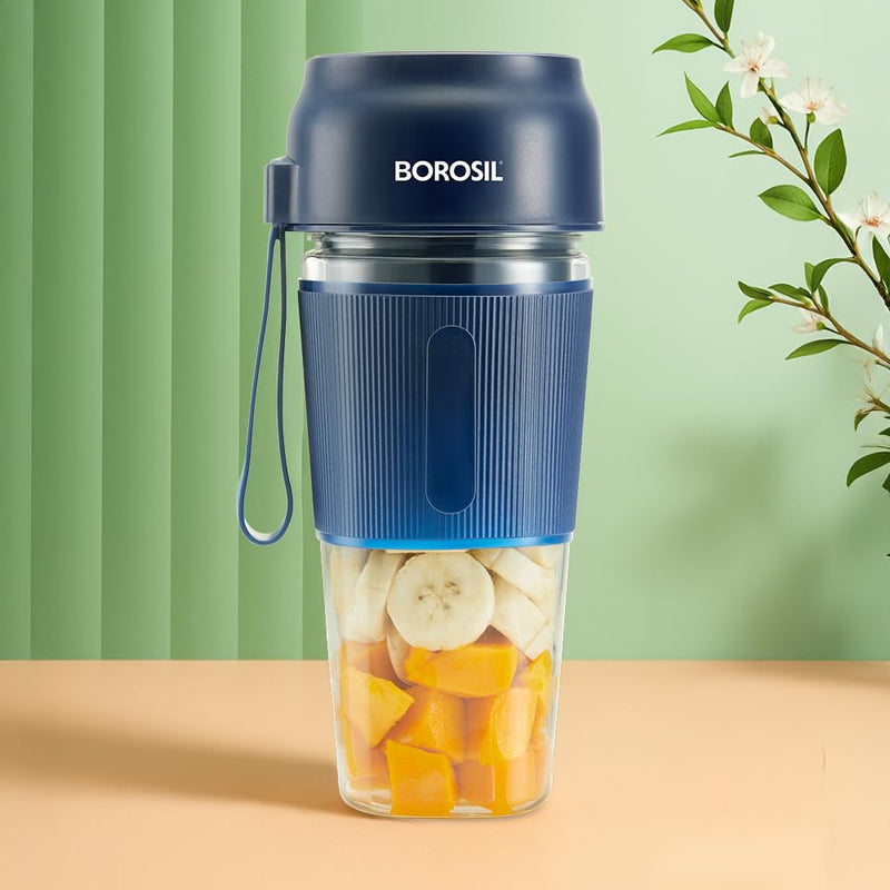 Borosil NutriGrip Blue portable blender by Bhagwati with a compact design and blending jar, ideal for smoothies and drinks.