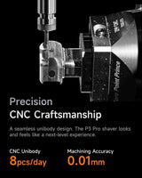 Bhagwati Laifen P3 Pro 3-blade electric shaver with CNC unibody metal and dual linear motor, shown with close-up of shaving head.