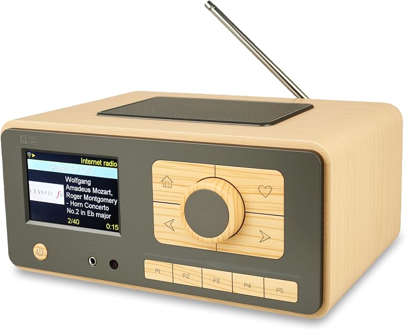 Bhagwati Ocean Digital Internet Radio with FM, Bluetooth and podcast capabilities, showing a sleek black device with digital display