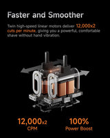 Bhagwati Laifen P3 Pro 3-blade electric shaver with dual linear motor and CNC unibody metal design, shown close-up.