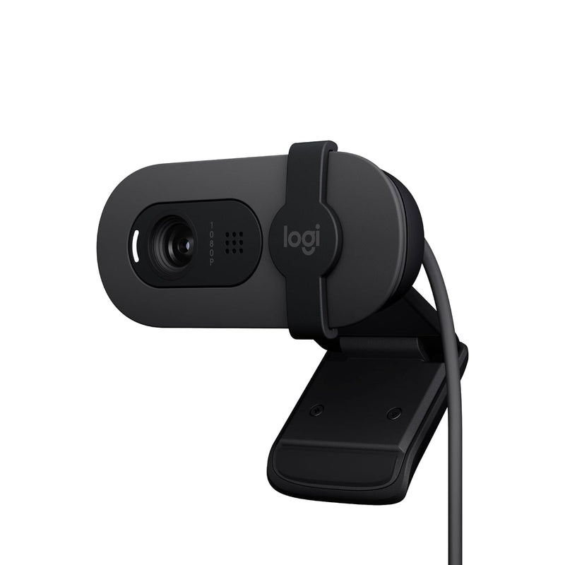 Bhagwati Logitech Brio 100 Full HD webcam showing a sleek black camera with adjustable clip for computer use.