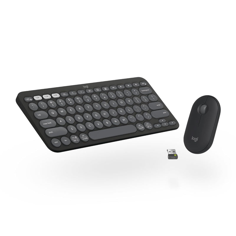 Wireless Logitech Pebble 2 Combo keyboard and mouse set in black, compact design with ergonomic keys and smooth tracking.