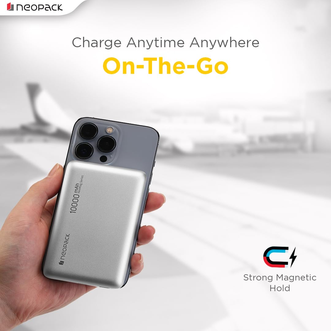 NEOPACK RAPID MAGSAFE POWER BANK 10000 MAH QI2 FAST CHARGING PORTABLE CHARGER SUPPORT WIRELESS CHARGEING (Silver)