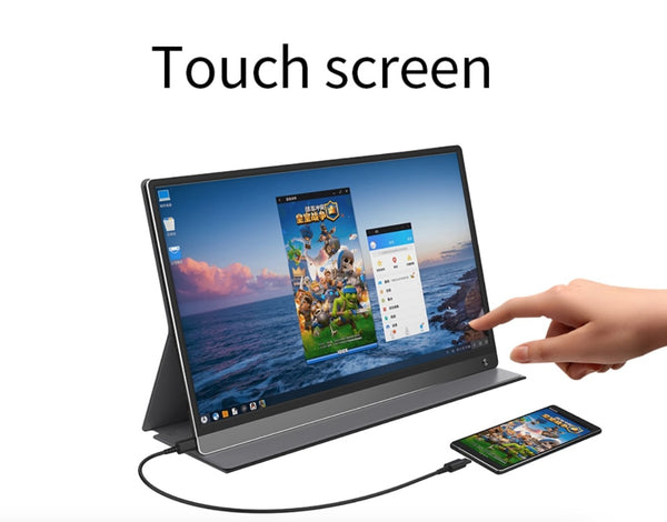 Bhagwati 17-inch portable rechargeable touch screen monitor with sleek design and user-friendly interface.
