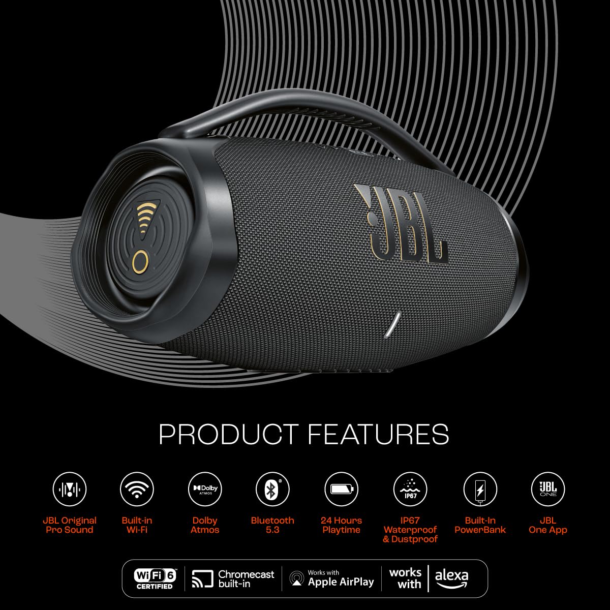 JBL BOOMBOX 3 WI-FI, WIRELESS PORTABLE BLUETOOTH SPEAKER, 24H PLAYTIME