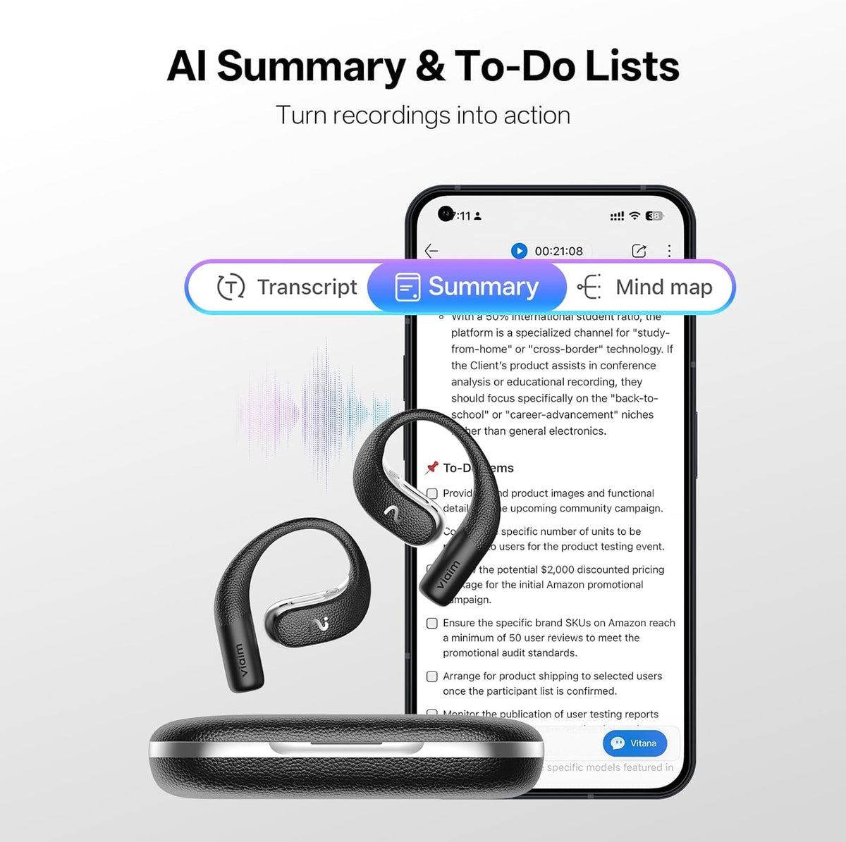 Bhagwati Viaim OpenNote open-ear AI note-taking earbuds with sleek design and built-in microphone for hands-free recording.