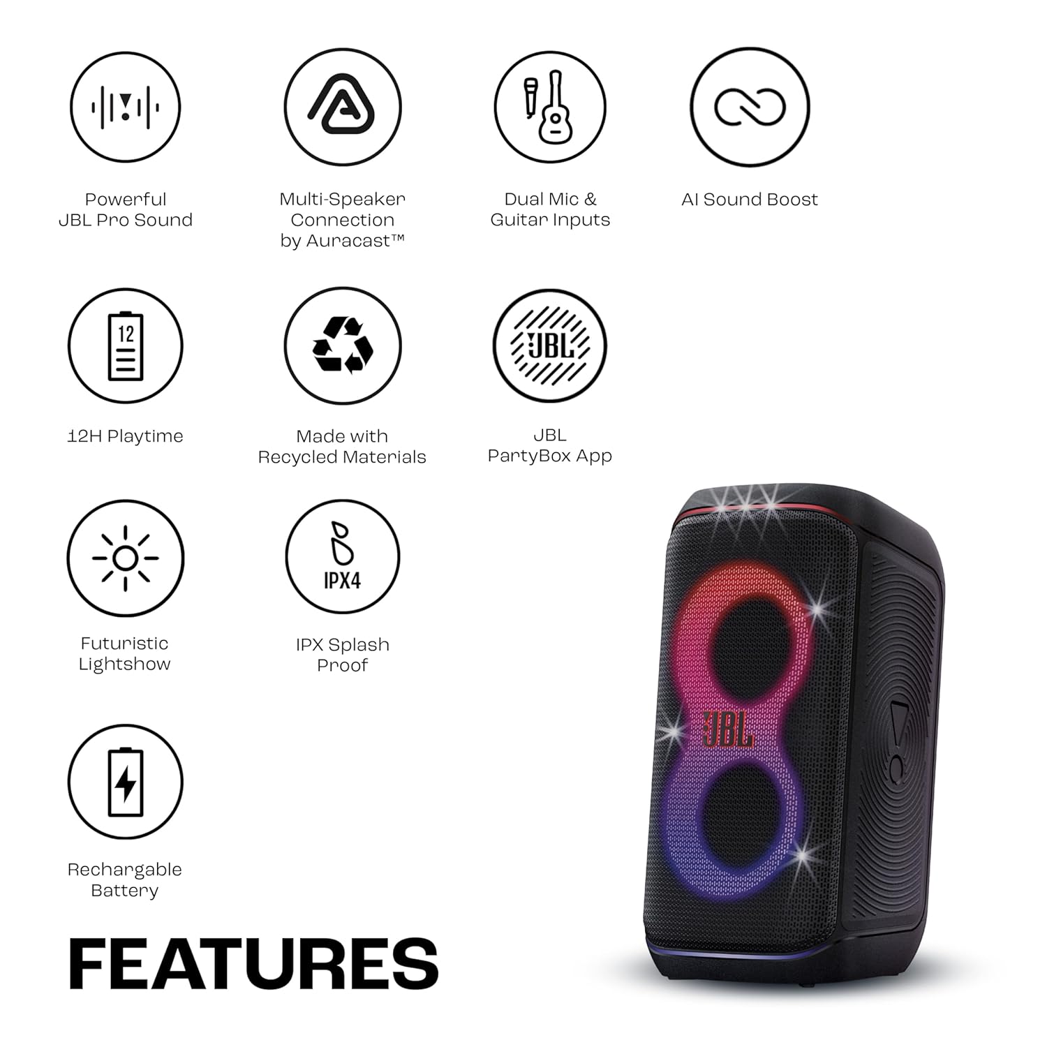 JBL PARTYBOX 120 WIRELESS BLUETOOTH 160W PARTY SPEAKER, AI SOUND BOOST, FUTURISTIC LIGHT SHOW,