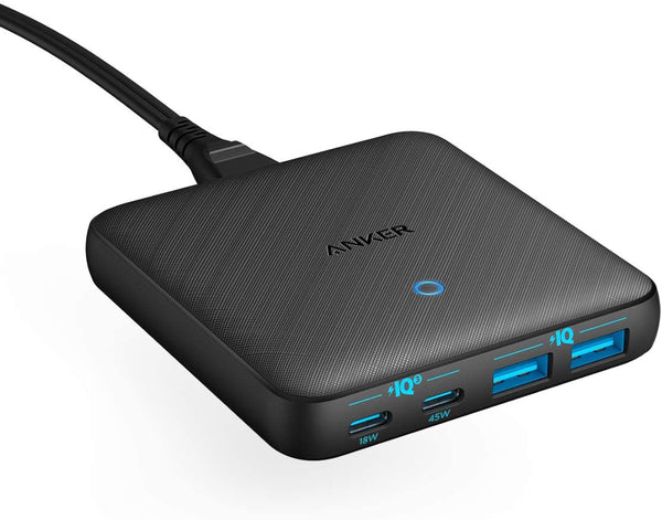 Bhagwati Anker 65W 4-Port GaN Atom III Slim Wall Charger with USB-C and USB-A ports, compact and fast charging device.