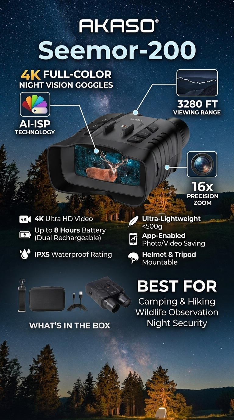 AKASO Seemor-200 AI Full-Color Night Vision Binoculars (4K Video, 16x Digital Zoom)