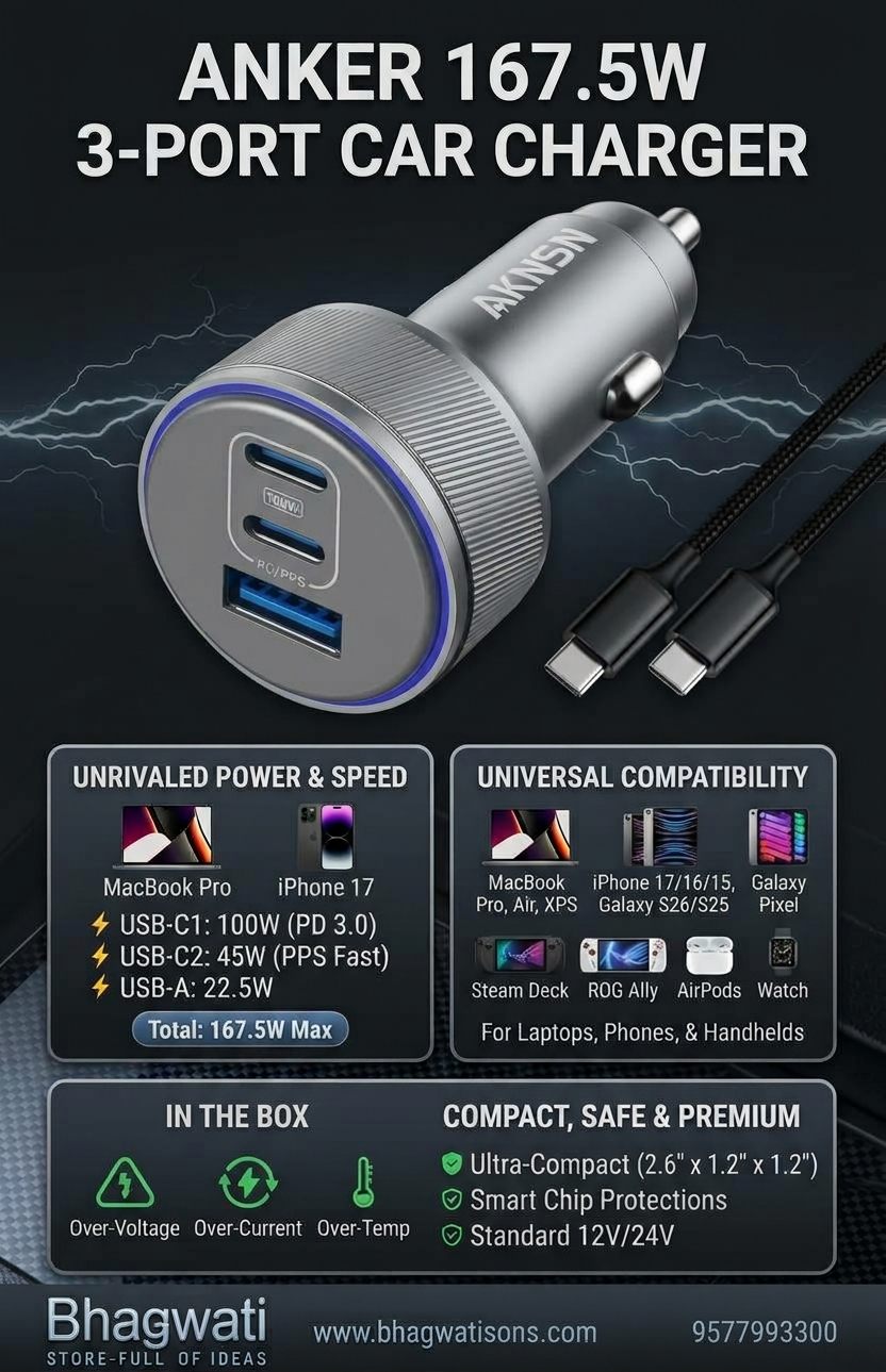 Anker 167.5W Max 3-Port Ultra-Compact USB-C Fast Car Charger