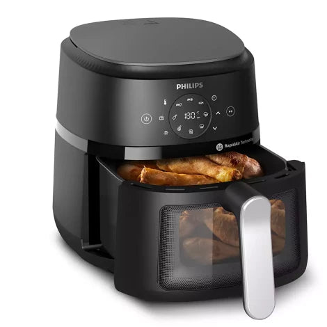 Bhagwati PHILIPS NA221/00 digital air fryer with a sleek black design and a 4-liter capacity, displayed on a kitchen countertop.