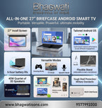 Bhagwati All-in-One 27-inch Android Smart TV inside sleek briefcase design, showing screen and control panel.