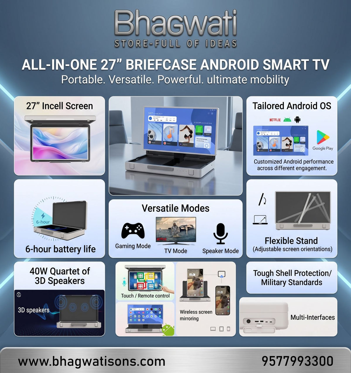 Bhagwati All-in-One 27-inch Android Smart TV inside sleek briefcase design, showing screen and control panel.