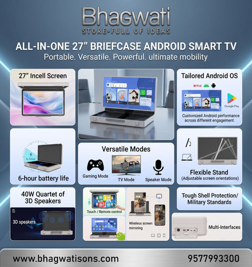 Bhagwati All-in-One 27-inch Android Smart TV inside sleek briefcase design, showing screen and control panel.