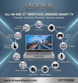 Bhagwati All-in-One 27 Briefcase Android Smart TV with sleek design and screen displaying colorful interface.