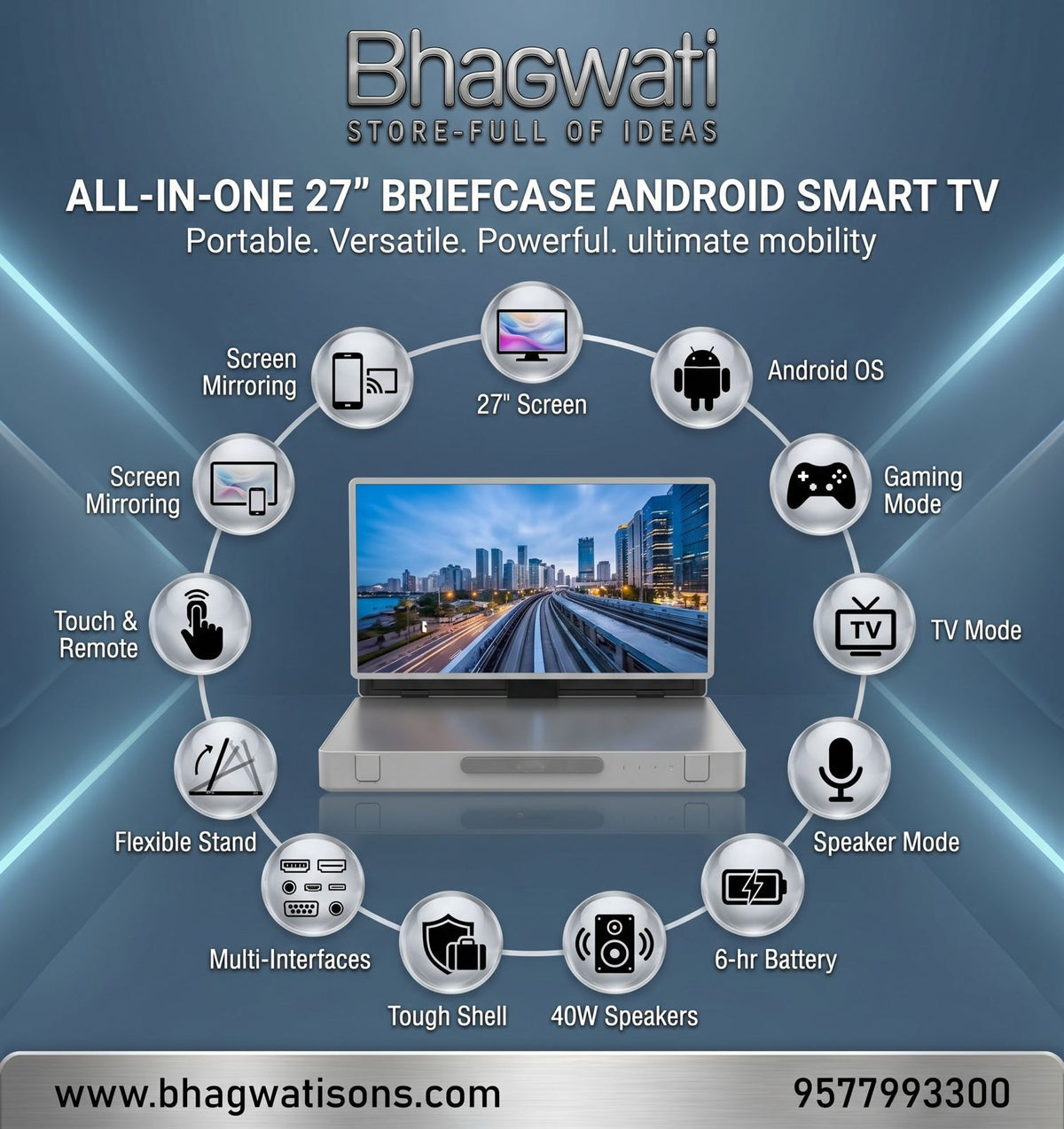 Bhagwati All-in-One 27 Briefcase Android Smart TV with sleek design and screen displaying colorful interface.