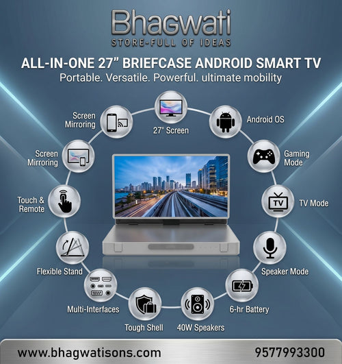 Bhagwati All-in-One 27 Briefcase Android Smart TV with sleek design and screen displaying colorful interface.