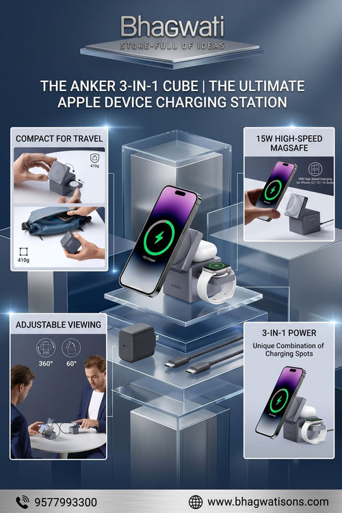 Bhagwati Anker 3-in-1 Cube MagSafe Charging Station with wireless charger for iPhone, Apple Watch, and AirPods on a desk