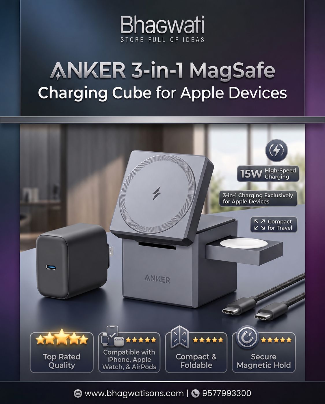 Anker 3-in-1 MagSafe Charging Cube for Apple Devices