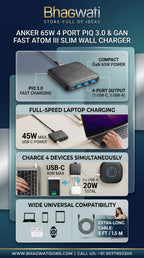 Bhagwati Anker 65W 4-Port PIQ 3.0 GaN Atom III slim wall charger with multiple USB ports on a white background.