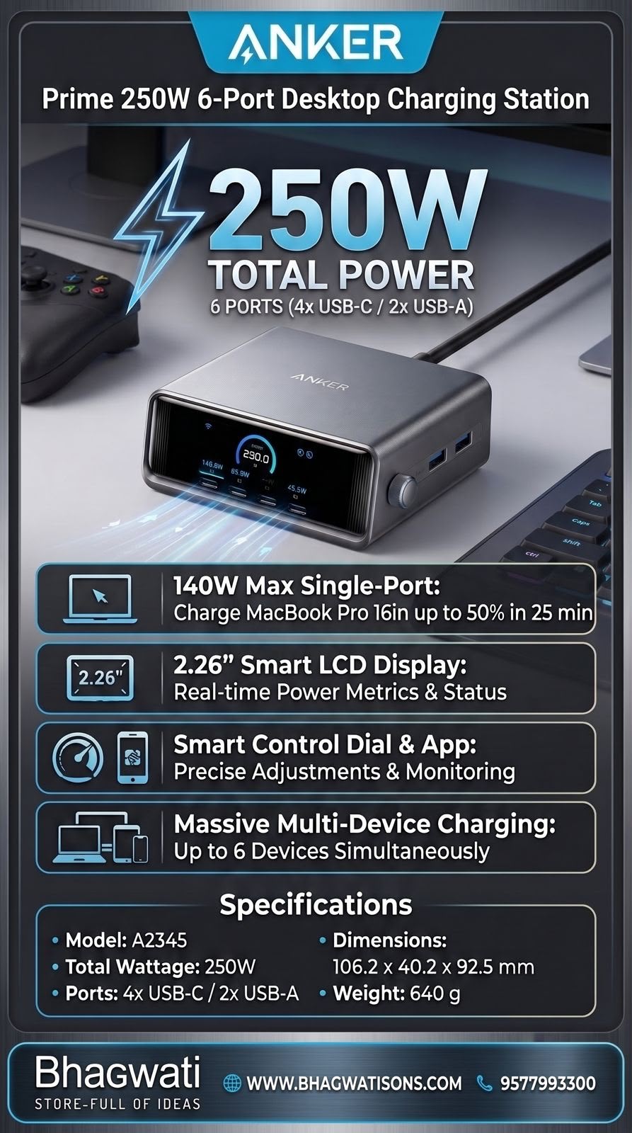 Bhagwati Anker Prime 250W 6-port desktop charging station with multiple USB ports for efficient device charging.