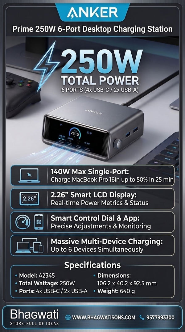 Bhagwati Anker Prime 250W 6-port desktop charging station with multiple USB ports for efficient device charging.
