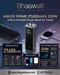 Bhagwati Anker Prime 27,650mAh 250W 3-port power bank with multiple charging ports and sleek black design
