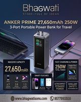 Bhagwati Anker Prime 27,650mAh 250W 3-port power bank with multiple charging ports and sleek black design