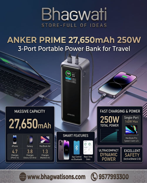 Bhagwati Anker Prime 27,650mAh 250W 3-port power bank with multiple charging ports and sleek black design