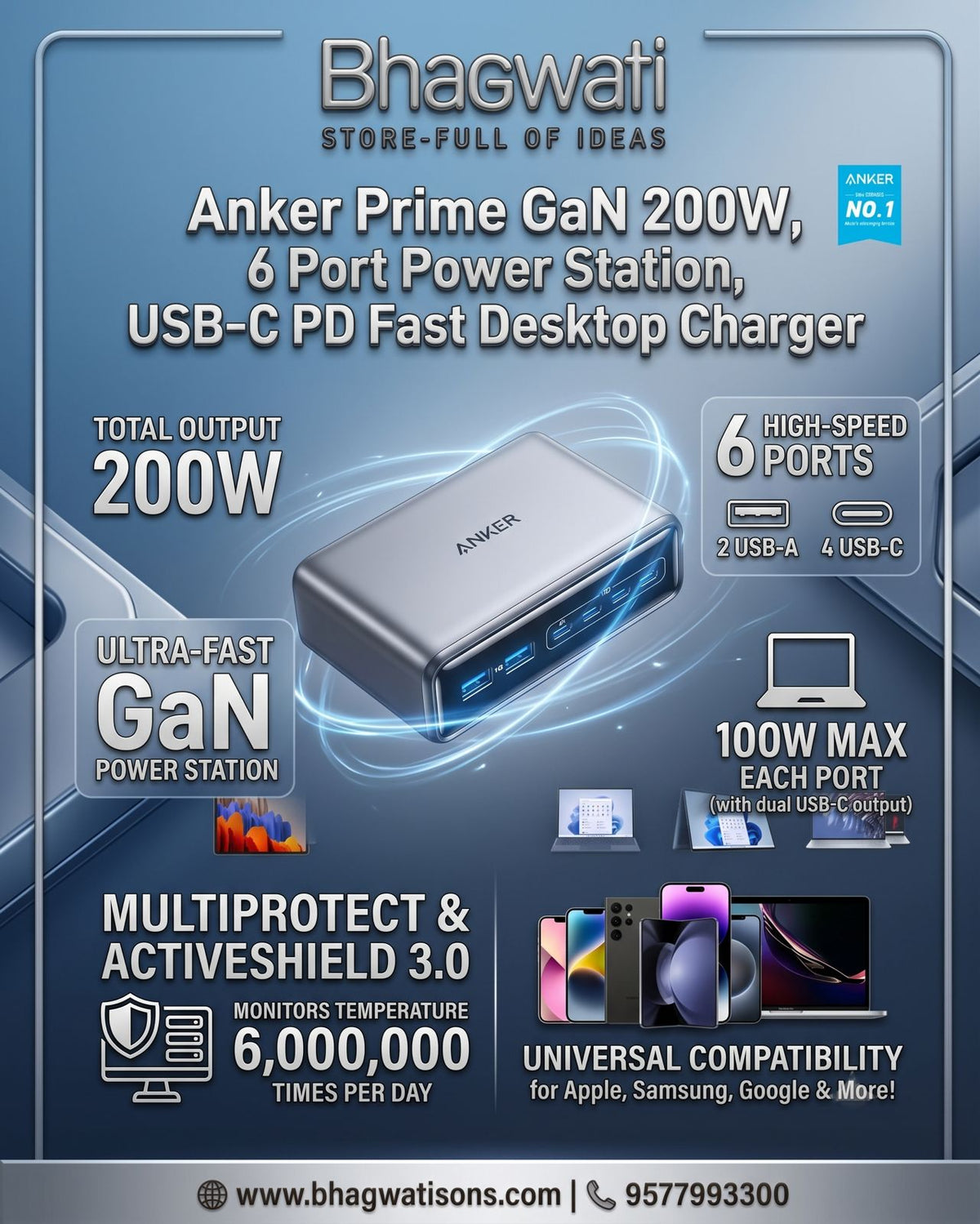 Bhagwati Anker Prime GaN 200W 6-port desktop power station with multiple USB-C and USB-A charging ports on a workspace.