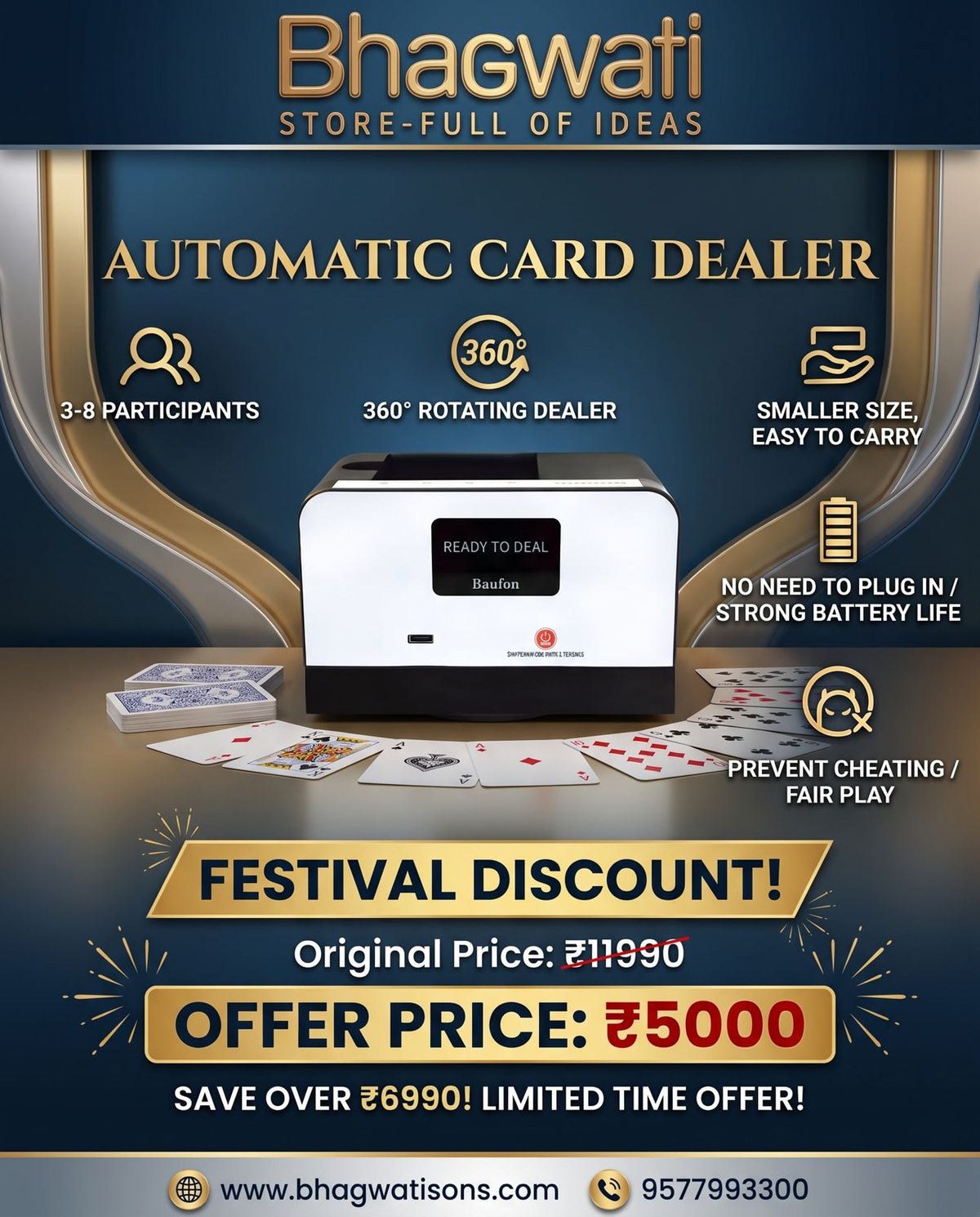 Bhagwati Baufon automatic card dealer machine with digital display and card dispensing tray, designed for efficient card handling.
