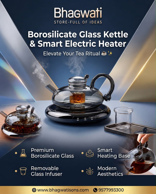 Borosilicate glass kettle with smart electric heating base by Bhagwati, showcasing a clear glass kettle on a modern heating platform.