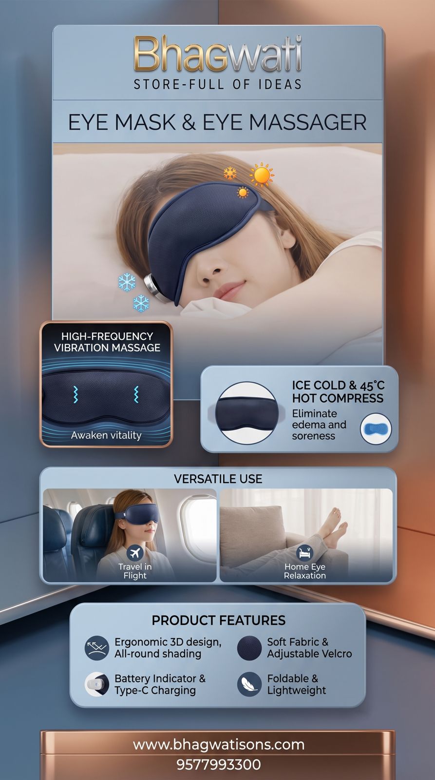 Bhagwati foldable eye mask and eye massager with hot and cold compress, showing a comfortable, ergonomic design for eye relaxation.