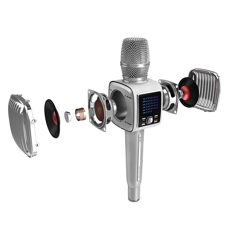 Bhagwati Tosing G6 wireless karaoke microphone and speaker set with hands-free microphone and compact speaker on a stand.