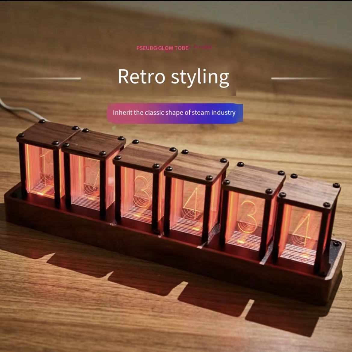 Nixie Wood RGB LED Clock Retro Glow Tube Timepiece