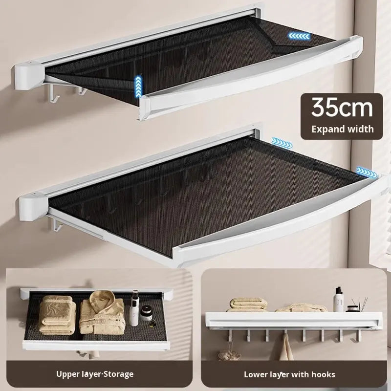 Single Metal Wall Mounted Invisible Foldable Extendable Punch-Free Bath Towel Rack with Shelf for Bathroom Storage Space Saving