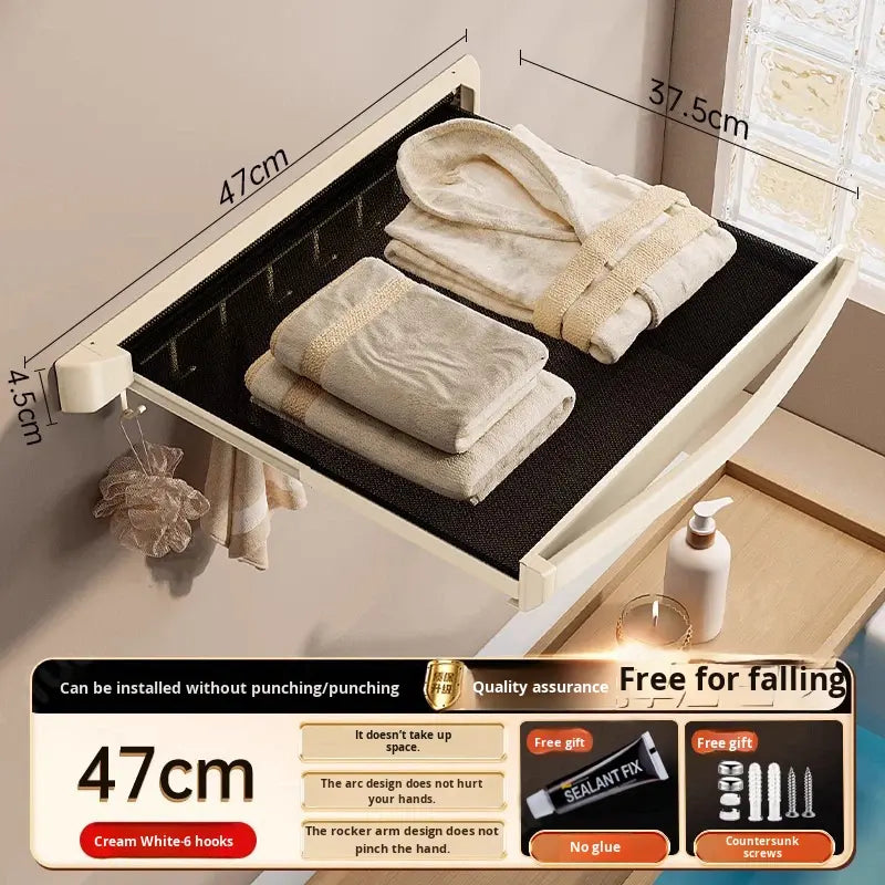 Single Metal Wall Mounted Invisible Foldable Extendable Punch-Free Bath Towel Rack with Shelf for Bathroom Storage Space Saving