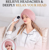 Bhagwati Smart Electric Head Massager turban with hot compress and vibration, featuring logo on the headwear for soothing relief.